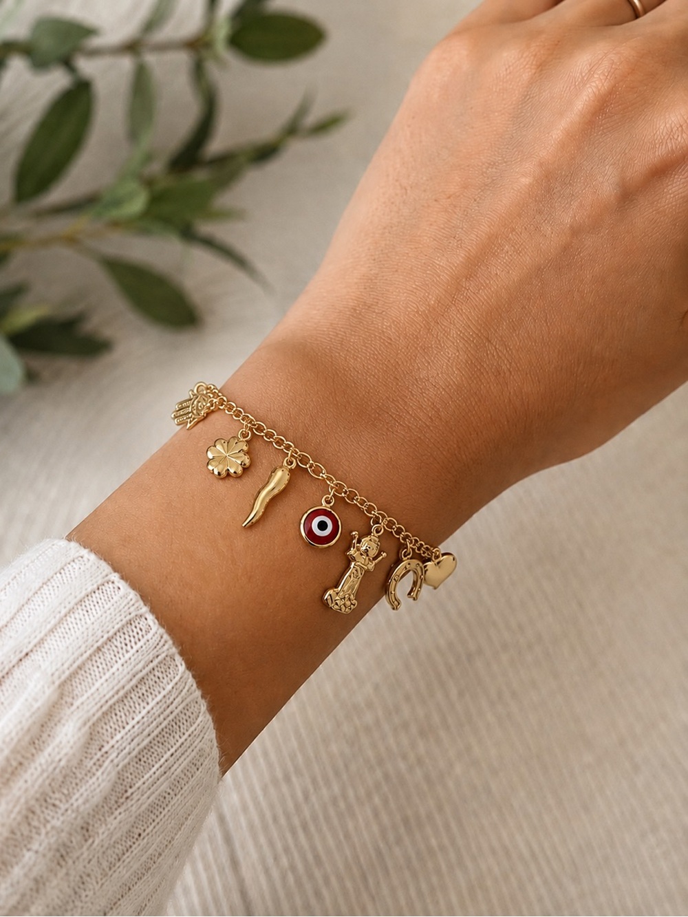 Gold Filled Charm Bracelet with Red Eye Accent - Women Jewelry